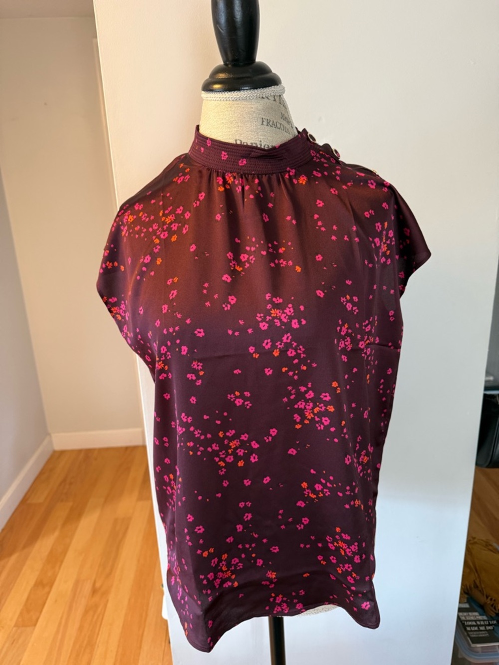 Ann Taylor cranberryFloral Mock-Neck Blouse